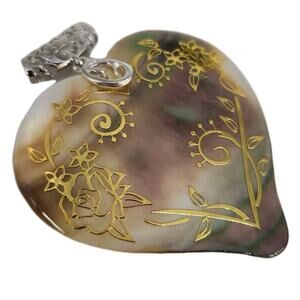 Artisan 925 Silver Mother Of Pearl Heart Pendant With Etched Floral Pattern
